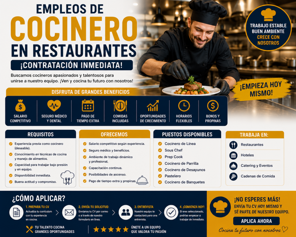 Empleos de Cocinero en Restaurantes con Contratación Inmediata