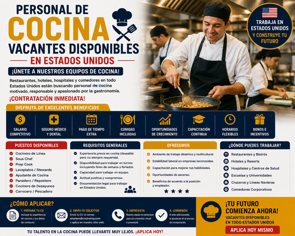 Personal de Cocina: Vacantes Disponibles en Estados Unidos