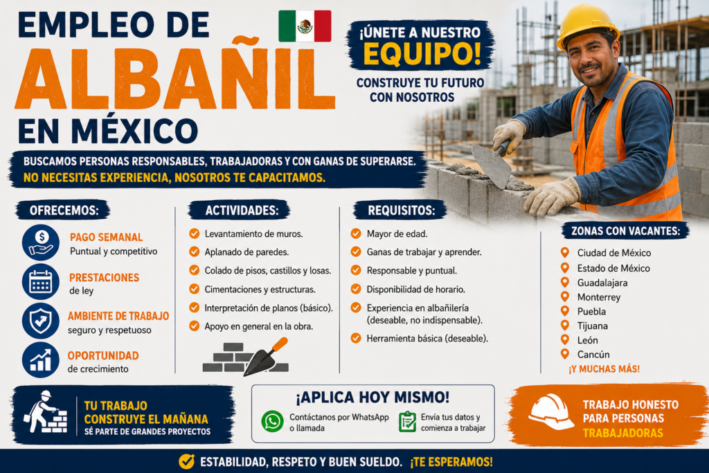 Empleo de Albañil en México: Funciones, Requisitos y Salario